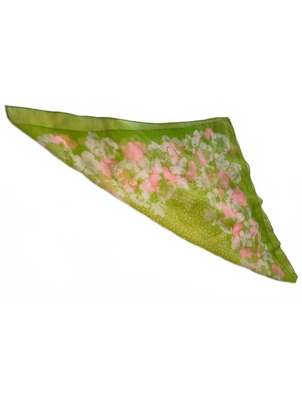 Vintage Green Floral Sheer Scarf with Pink and White Flowers
